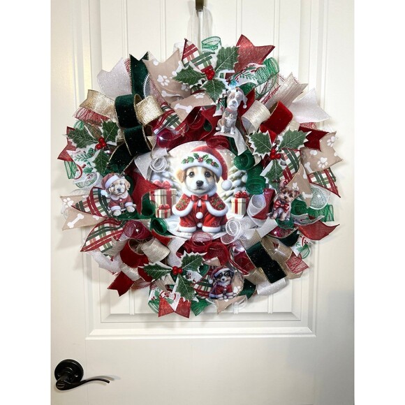 Handmade Christmas Santa Puppy Holiday Ribbon Door Wreath 22 ins W76 - Picture 12 of 12